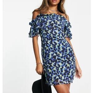 Topshop Dress Animal Print Frill Bardot Tie Cold Shoulder Mini Multicolor Size 4